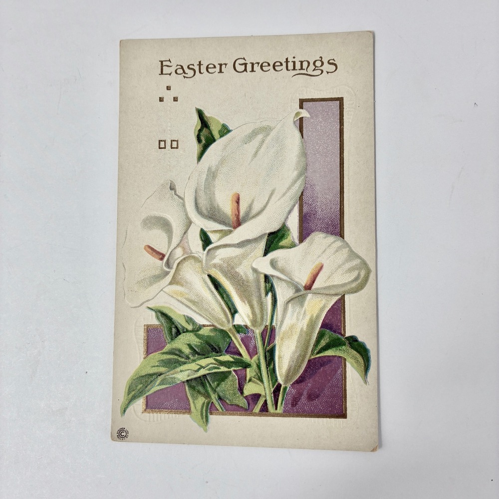 VTG Easter Greetings Postcard Calla Lilies Embossed Series 75 F Made in USA